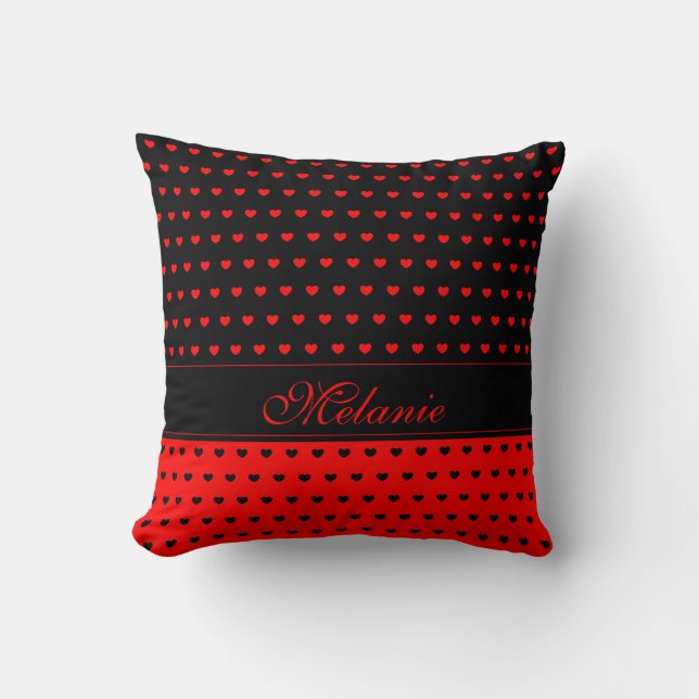 Stylish Red And Black Hearts Pattern Name Template Throw Pillow (Front)