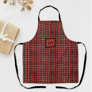 Stylish Red And Black Tartan Pattern And Monogram Apron