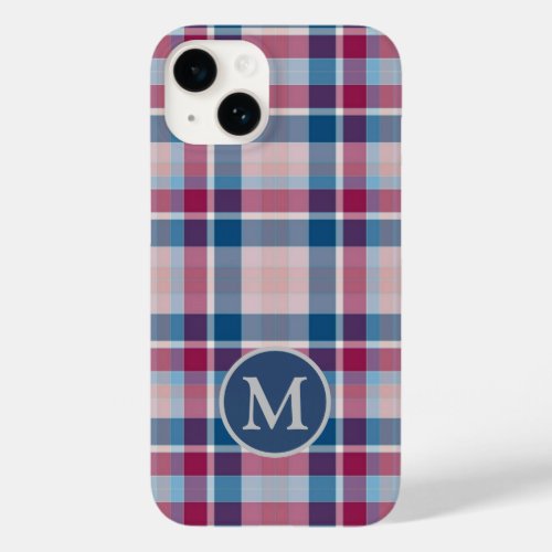 Stylish Red and Blue Classic Plaid Monogram Case_Mate iPhone 14 Case