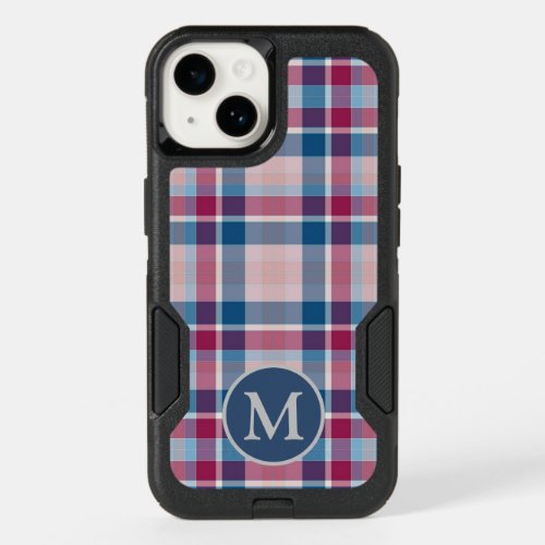 Stylish Red and Blue Classic Plaid Monogram OtterBox iPhone 14 Case