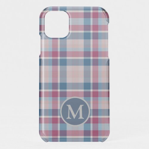 Stylish Red and Blue Classic Plaid Monogram iPhone 11 Case