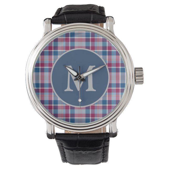 Stylish Red and Blue Classic Plaid Monogram Watch (Front)