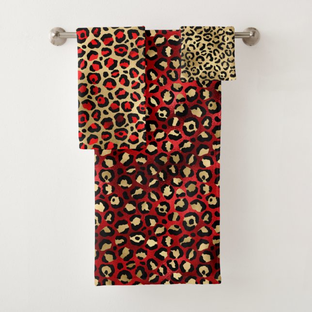 Stylish Red and Gold Foil Leopard Spots Bath Towel Set (Insitu)