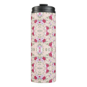 Stylish red and purple floral print on blush pink thermal tumbler