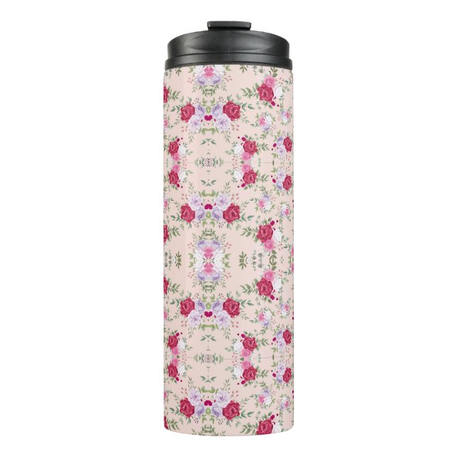 Stylish red and purple floral print on blush pink thermal tumbler (Front)