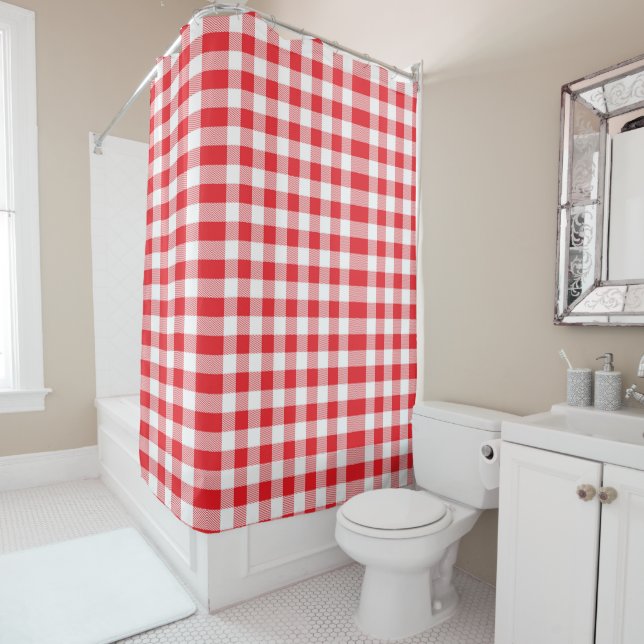 Stylish Red and White Checkered Shower Curtain (In Situ)