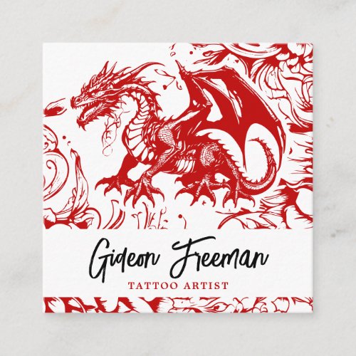 Stylish Red and White Dragon Floral Tattoo Artist Square Business Card
