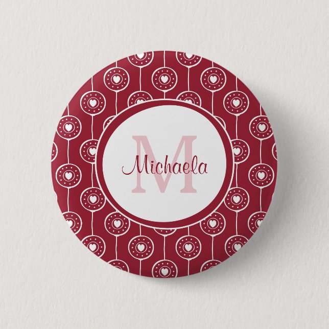 Stylish Red and White Hearts Monogram With Name Button (Front)