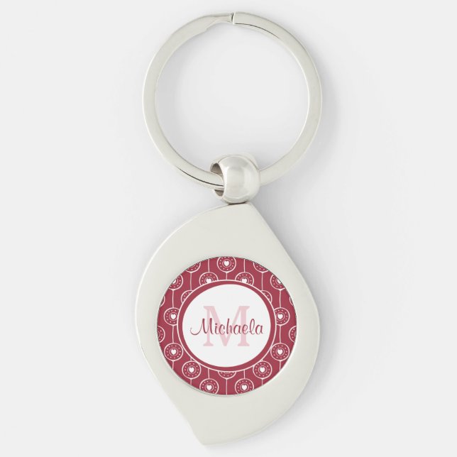 Stylish Red and White Hearts Monogram With Name Keychain (Front)