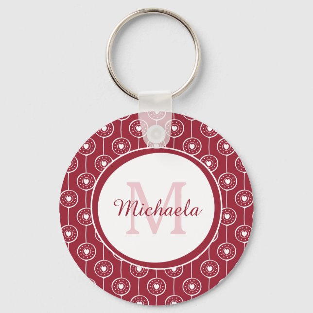 Stylish Red and White Hearts Monogram With Name Keychain (Front)
