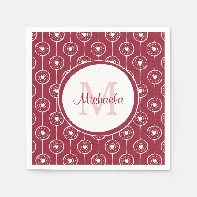 Stylish Red and White Hearts Monogram With Name Paper Napkins (Front)