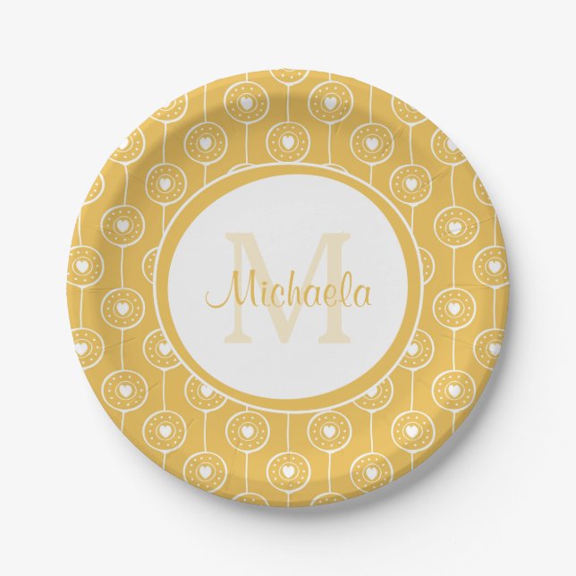 Stylish Red and White Hearts Monogram With Name Paper Plates (Front)