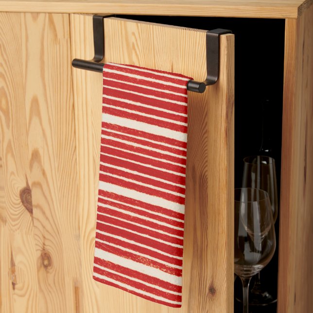 Stylish Red and White Stripes Festive Kitchen Towel (Thirds Fold)