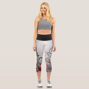 Stylish Red Black and Gray Leaf Design  Capri Leggings