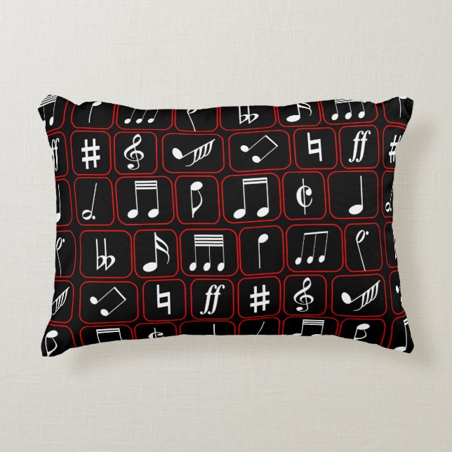 Stylish Red Black and White Geometric Music Notes Accent Pillow (Front)
