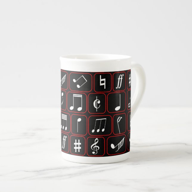 Stylish Red Black and White Geometric Music Notes Bone China Mug (Front Right)