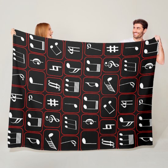 Stylish Red Black and White Geometric Music Notes Fleece Blanket