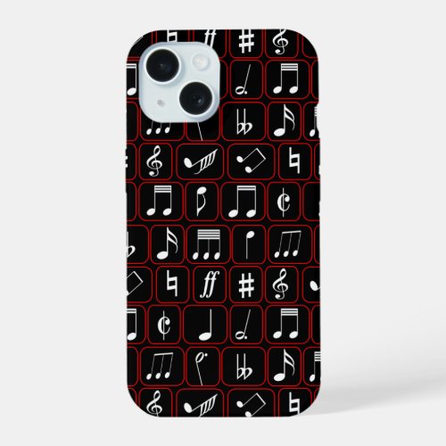 Stylish Red Black and White Geometric Music Notes iPhone 15 Case
