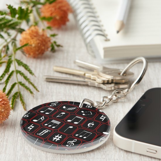 Stylish Red Black and White Geometric Music Notes Keychain