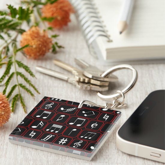 Stylish Red Black and White Geometric Music Notes Keychain