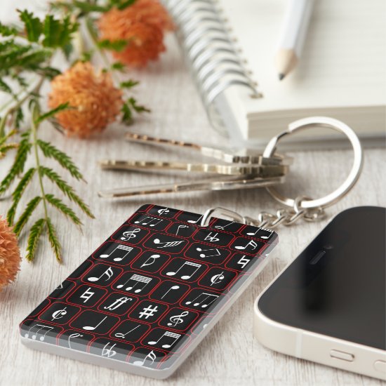 Stylish Red Black and White Geometric Music Notes Keychain