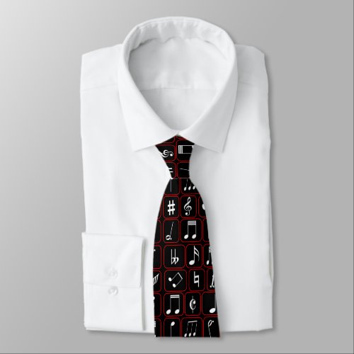 Stylish Red Black and White Geometric Music Notes Neck Tie