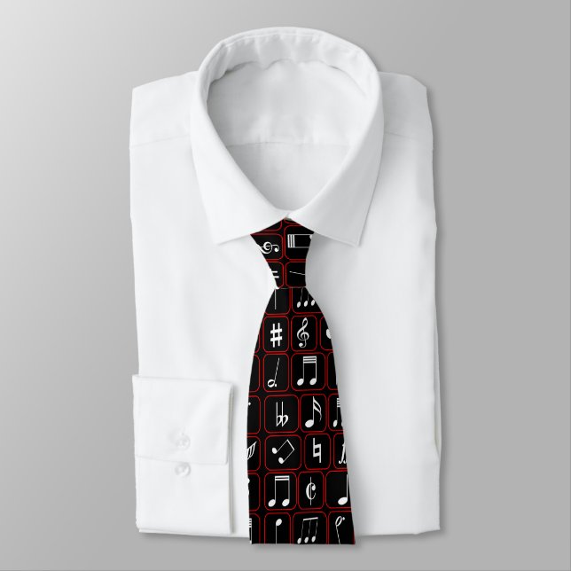Stylish Red Black and White Geometric Music Notes Neck Tie (Tied)