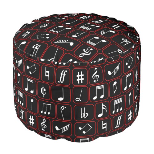 Stylish Red Black and White Geometric Music Notes Pouf