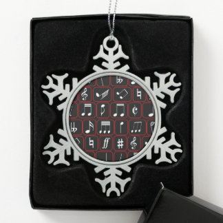Stylish Red Black and White Geometric Music Notes Snowflake Pewter Christmas Ornament