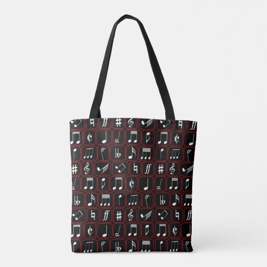 Stylish Red Black and White Geometric Music Notes Tote Bag