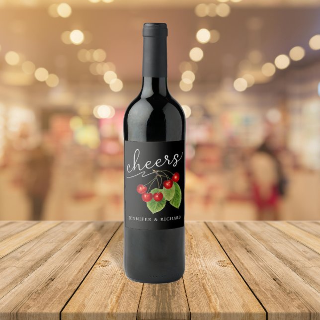 Stylish Red Black Cheers Cherries Modern Script Wine Label (Creator Uploaded)