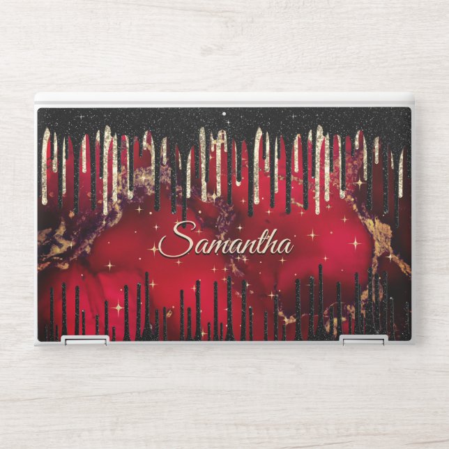 Stylish red black drippings glitter monogram HP laptop skin (Front)
