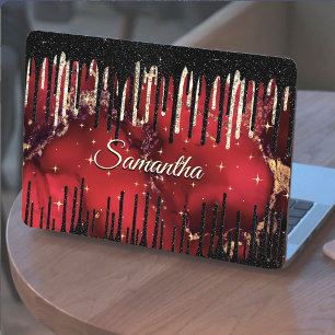 Stylish red black drippings glitter monogram HP laptop skin