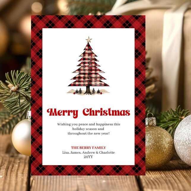 Stylish Red Black Plaid Christmas Tree Greeting Holiday Card (Stylish Red Black Plaid Christmas Tree Greeting)