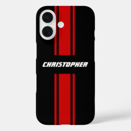 Stylish Red Black Racing Stripes Monogrammed Name iPhone 16 Case