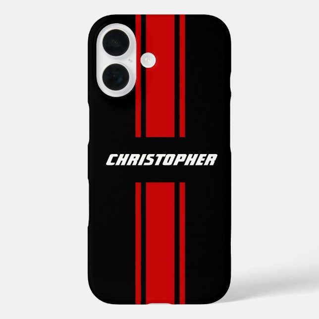 Stylish Red Black Racing Stripes Monogrammed Name Case-Mate iPhone Case (Back)