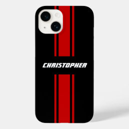 Stylish Red Black Racing Stripes Monogrammed Name Case-Mate iPhone 14 Case