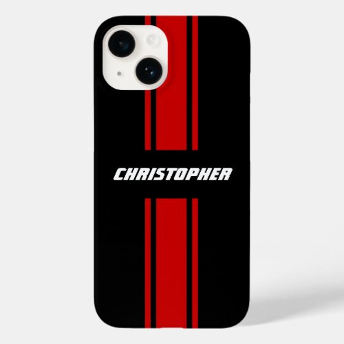 Stylish Red Black Racing Stripes Monogrammed Name Case_Mate iPhone 14 Case
