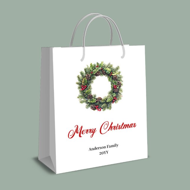 Stylish red black tartan Christmas gift bag name (Elegant Christmas wreath gift bag custom name)