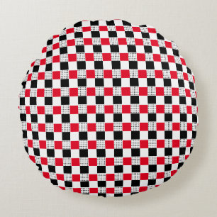 Stylish red black & white Checkerboard classic Round Pillow