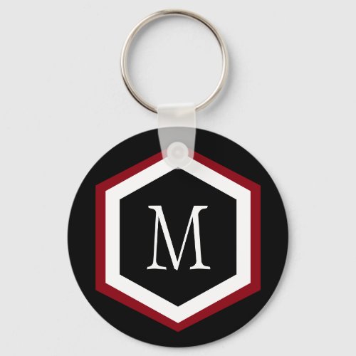 Stylish Red Black  White Hexagon Circle Monogram Keychain