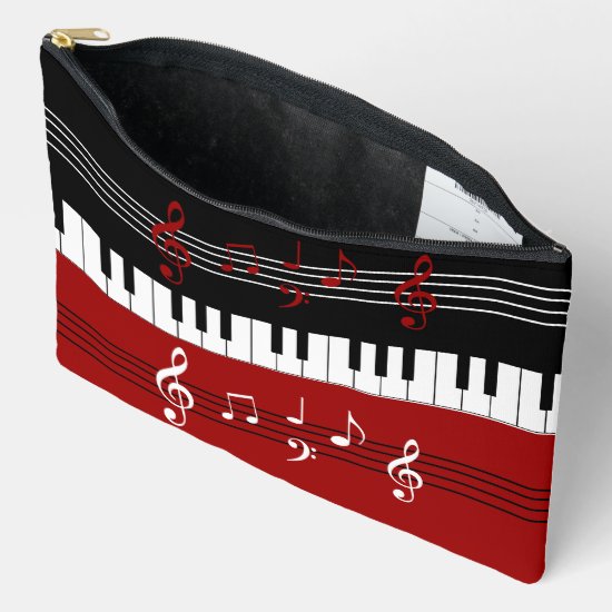 Stylish Red Black White Piano Keys and Notes Accessory Pouch