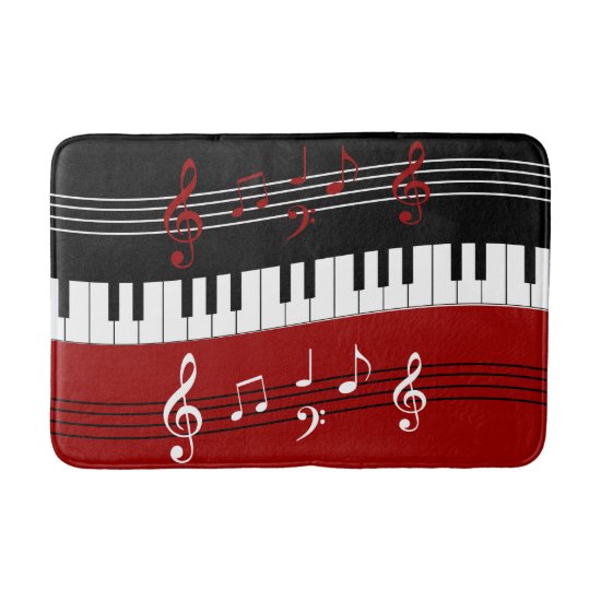 Stylish Red Black White Piano Keys and Notes Bath Mat