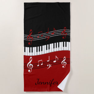 Stylish Red Black White Piano Keys and Notes Beach Towel