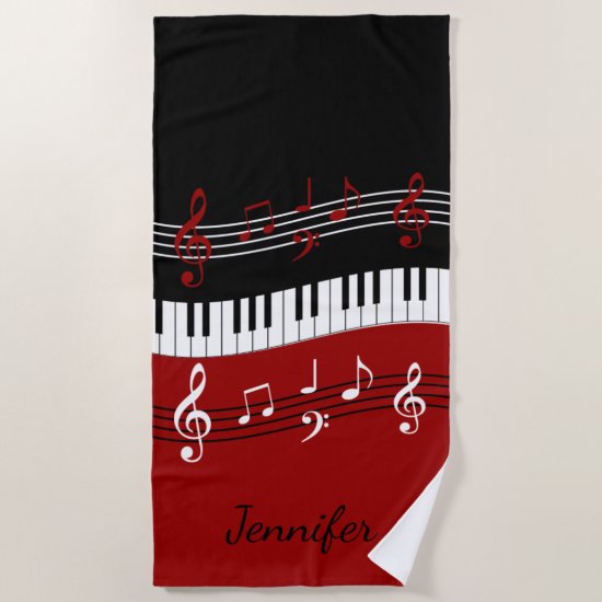 Stylish Red Black White Piano Keys and Notes Beach Towel