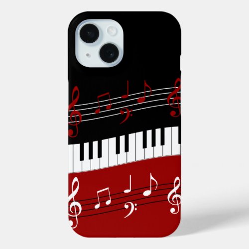 Stylish Red Black White Piano Keys and Notes iPhone 15 Case