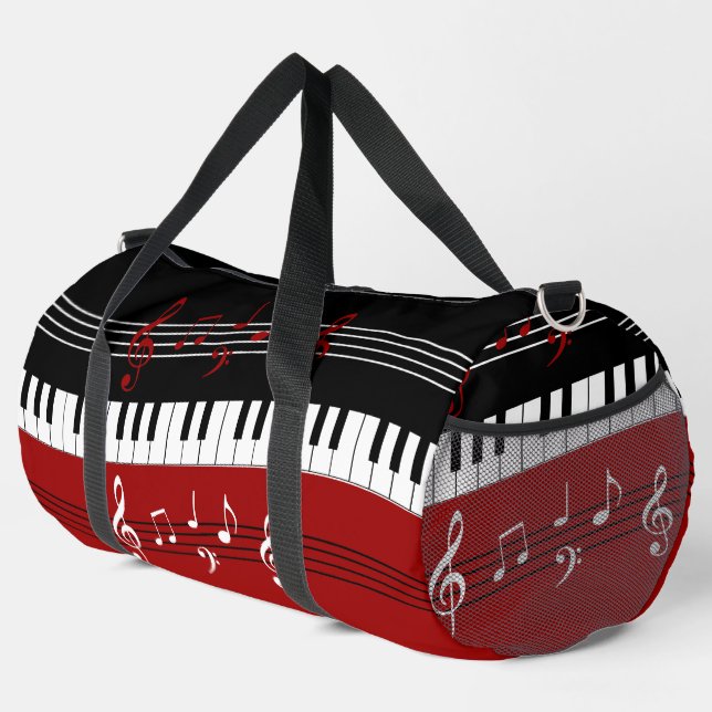 Stylish Red Black White Piano Keys and Notes Duffle Bag (Right Corner)