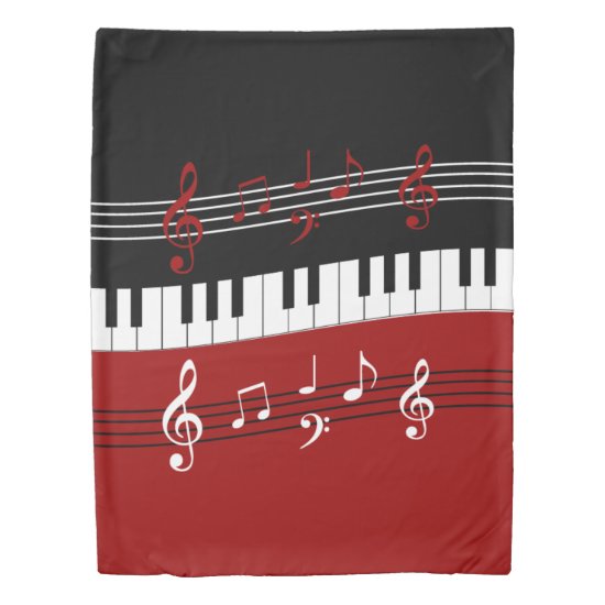 Stylish Red Black White Piano Keys and Notes Duvet Cover