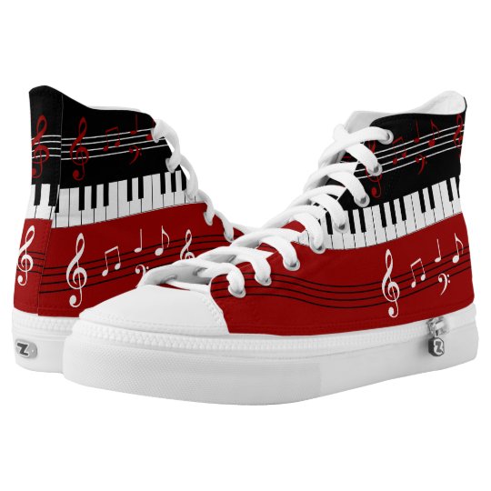 Stylish Red Black White Piano Keys And Notes High Top Sneakers
