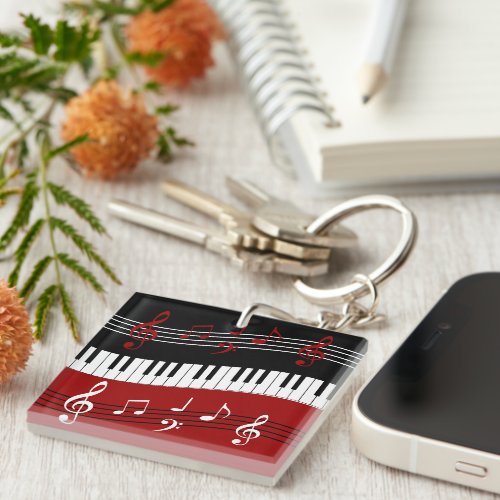 Stylish Red Black White Piano Keys and Notes Keychain